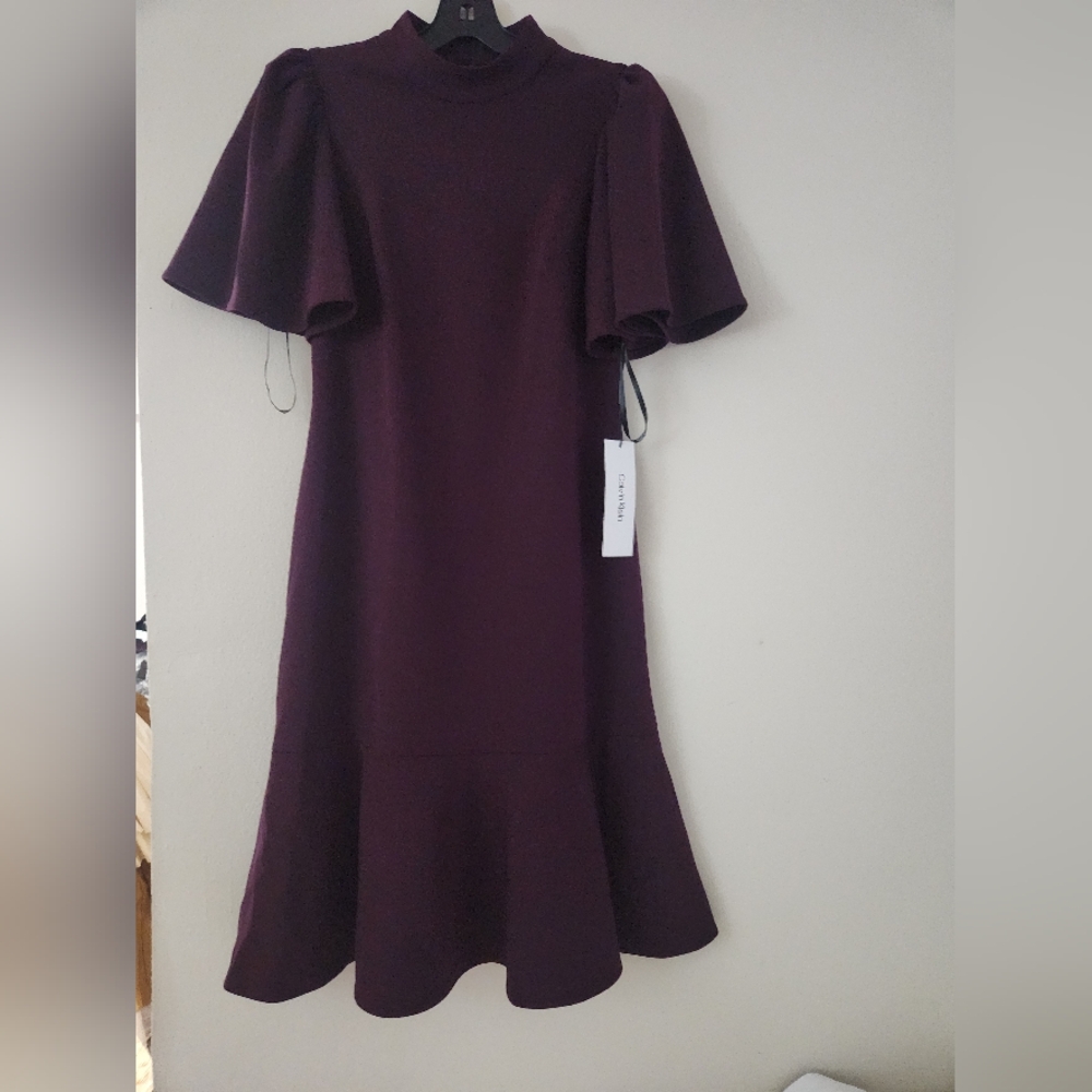Calvin Klein Womens Purple Crepe Mock Neck Work Fit & Flare Dress Sz 6 NWT